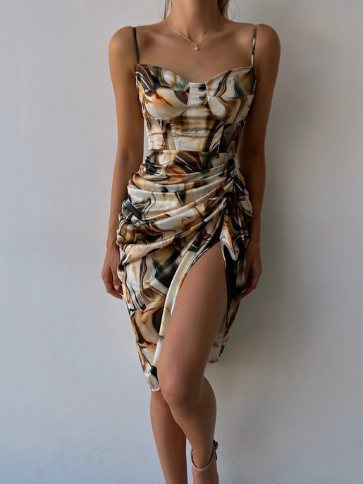 Desenli İnce Askı Drapeli Yandan Yırtmaçlı Ginevra Kadın Renkli Elbise 22Y000491