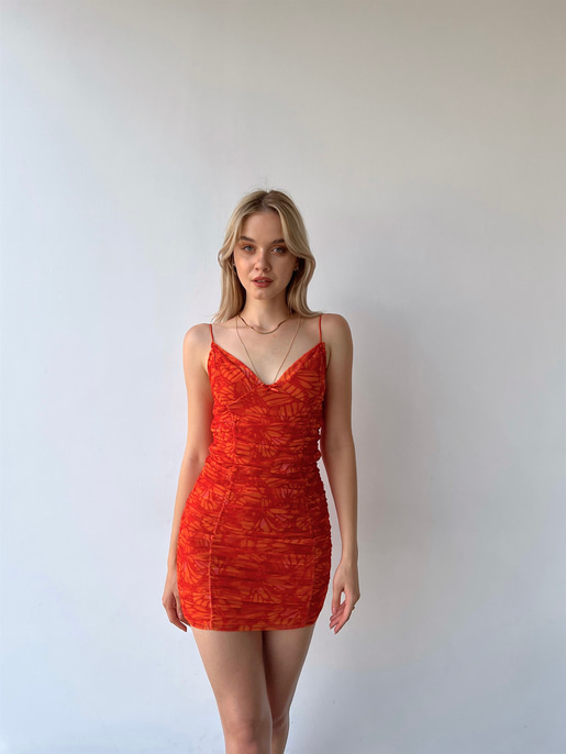 Desenli İnce Askılı Tül Drapeli Arvilla Kadın Turuncu Elbise 22Y000338