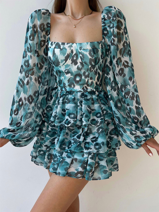 Desenli Kare Yaka Balon Kol Fırfırlı Sesto Kadın Mavi Elbise 22Y000368