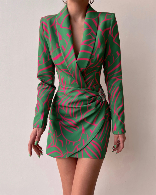 Desenli Kruvaze Yanı Tokalı Hunter Kadın Yeşil Ceket Elbise 22Y000082