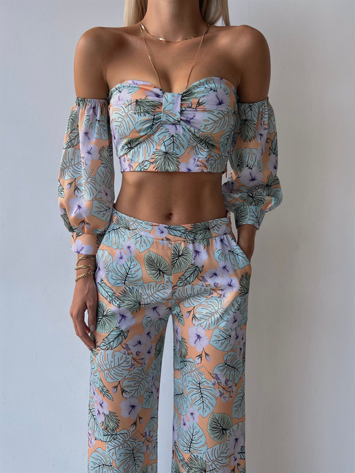 Desenli Takma Uzun Kol Crop Ve Cepli Bol Paça Alt Maximo Kadın Lila İkili Takım 22Y000502