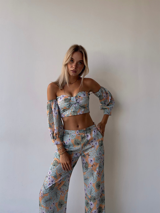 Desenli Takma Uzun Kol Crop Ve Cepli Bol Paça Alt Maximo Kadın Lila İkili Takım 22Y000502