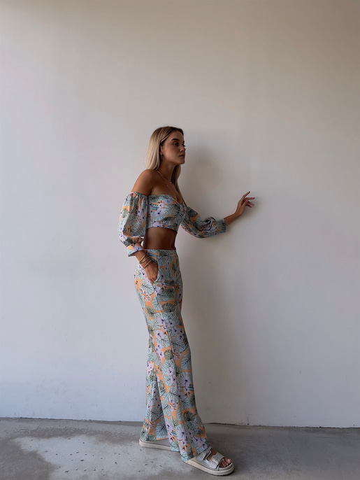 Desenli Takma Uzun Kol Crop Ve Cepli Bol Paça Alt Maximo Kadın Lila İkili Takım 22Y000502