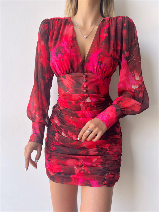 Desenli Uzun Kol Drapeli Derin V Yaka Sienna Kadın Bordo Mini Elbise 22Y000507