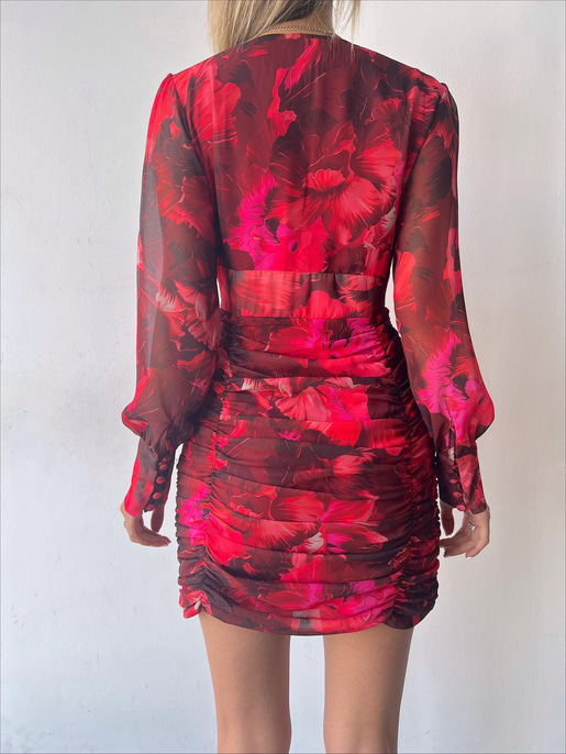 Desenli Uzun Kol Drapeli Derin V Yaka Sienna Kadın Bordo Mini Elbise 22Y000507