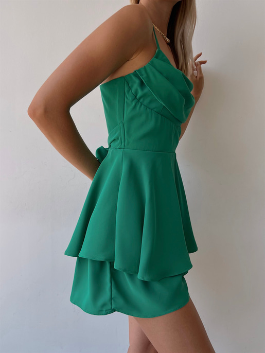 Dökümlü Yaka Eteği Fırfırlı Heather Kadın Yeşil Şort Tulum 22Y000033