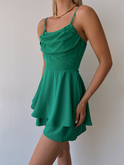 Dökümlü Yaka Eteği Fırfırlı Heather Kadın Yeşil Şort Tulum 22Y000033