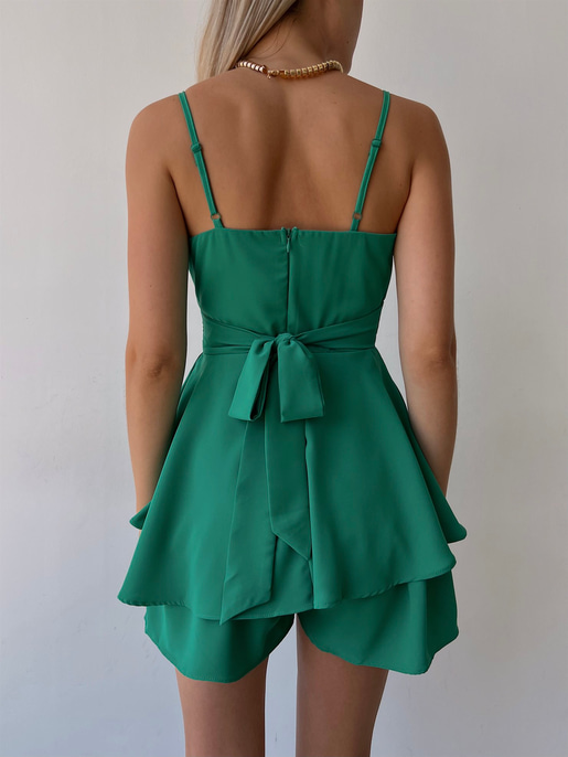 Dökümlü Yaka Eteği Fırfırlı Heather Kadın Yeşil Şort Tulum 22Y000033