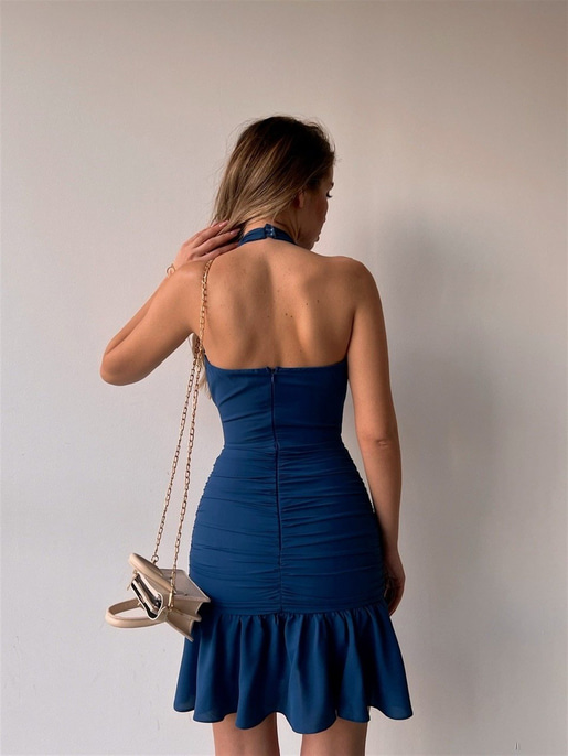 Drape Boyundan Bağlama Eteği Volanlı Kadın İndigo  Elbise 22K000528