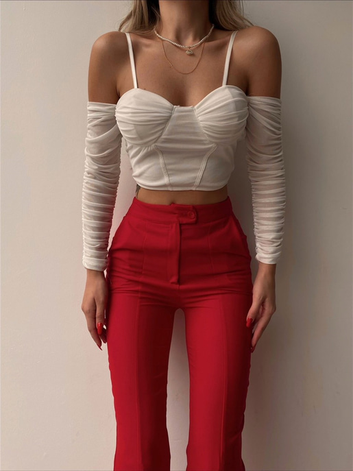 Drape Omuz Dekolteli Denys Kadın Beyaz Tül Bluz 21Y000547