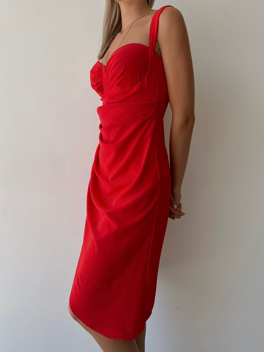 Drapeli Kalın Askı Eteği Kruvaze Paolina Kadın Kırmızı Elbise 22K000535