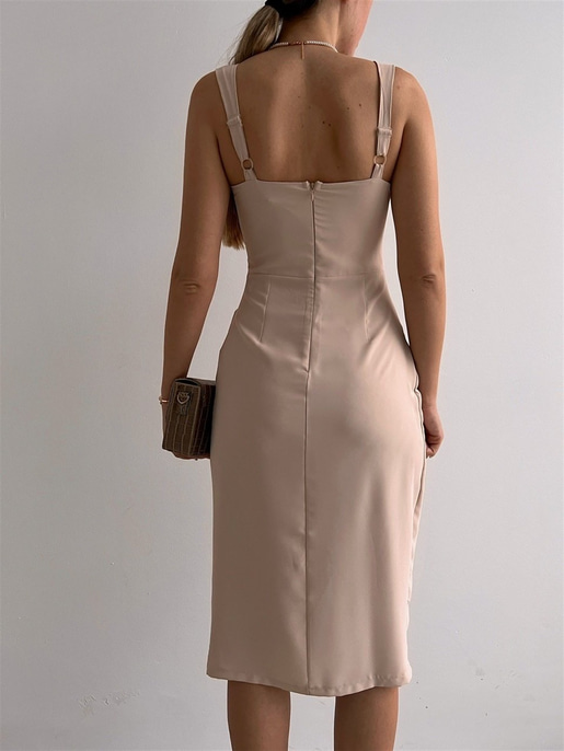 Drapeli Kalın Askı Eteği Kruvaze Paolina Kadın Bej Elbise 22K000535