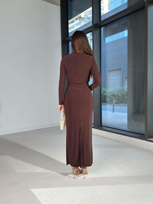 Drapeli Maxi Boy Arızon Kahve Kadın elbise 26K018