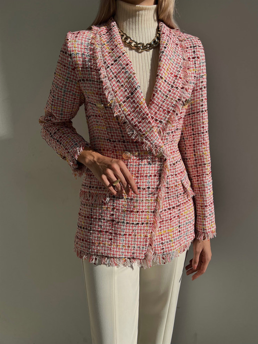 Düğme Kapamalı Naevus Kadın Pembe Püsküllü Tüvit Ceket 23K000084