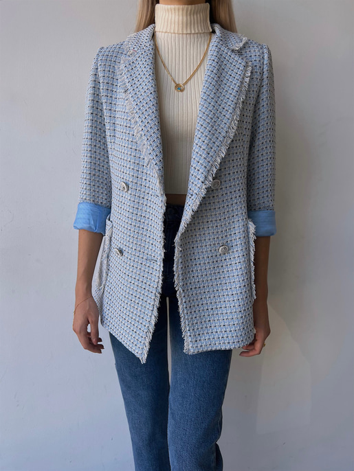 Düğme Kapamalı Yanları Cepli Paulus Kadın Mavi Saçaklı Tüvit Ceket 23K000080