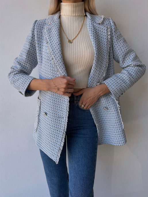 Düğme Kapamalı Yanları Cepli Paulus Kadın Mavi Saçaklı Tüvit Ceket 23K000080