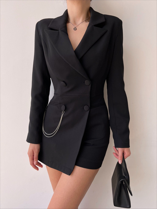 Düğme Ve Cep Arası Zincir Detaylı Kruvaze Korbin Kadın Siyah Ceket Tulum 22Y000225