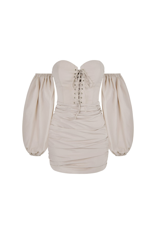 Düşük Balon Kol Drape Detaylı Maddox Kadın Taş Renk Elbise 23K000412