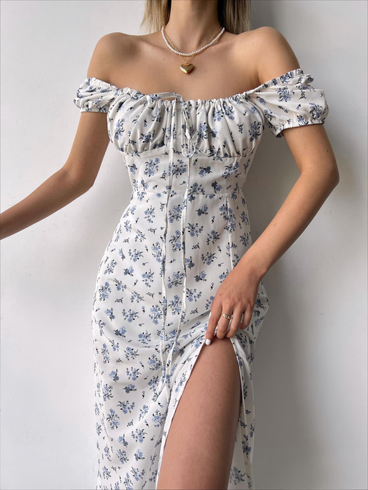 Düşük Kısa Kollu Önü Bağcık Detaylı Rıver Kadın Mavi Çiçekli Elbise 23Y000227