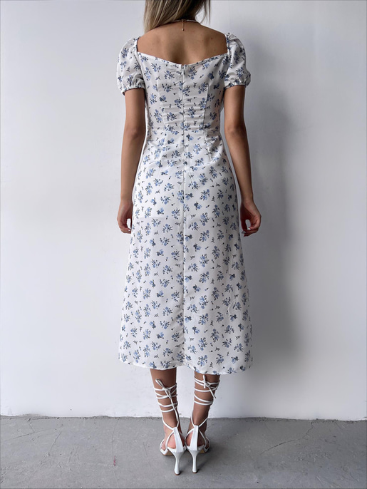 Düşük Kısa Kollu Önü Bağcık Detaylı Rıver Kadın Mavi Çiçekli Elbise 23Y000227