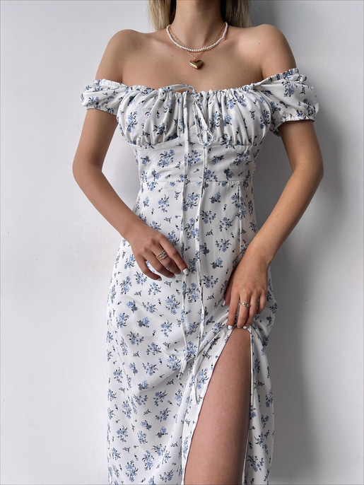 Düşük Kısa Kollu Önü Bağcık Detaylı Rıver Kadın Mavi Çiçekli Elbise 23Y000227