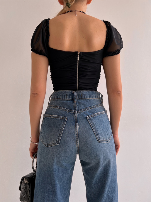 Düşük Omuz Drape Detaylı Tül Kadın Siyah Crop Bluz 21Y000525