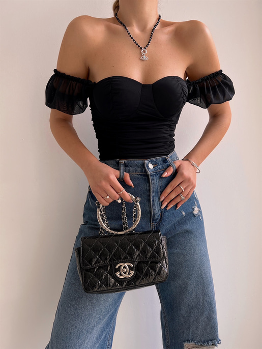 Düşük Omuz Drape Detaylı Tül Kadın Siyah Crop Bluz 21Y000525