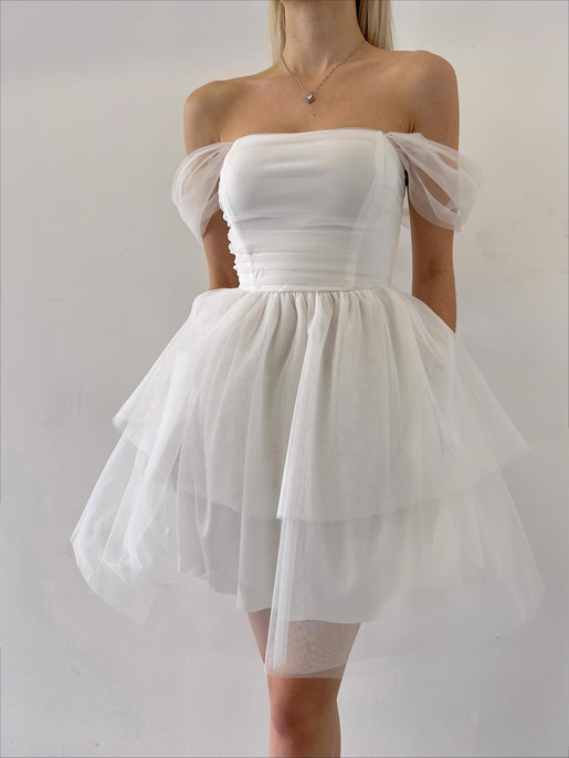 Düşük Tül Kol Eteği Kat Detaylı Litus Kadın Beyaz Mini Elbise 23Y000109
