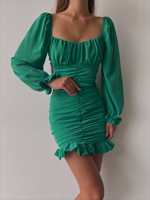 Etek Kısmı Volanlı Drapeli Camila Kadın Yeşil Mini Elbise 22K000196