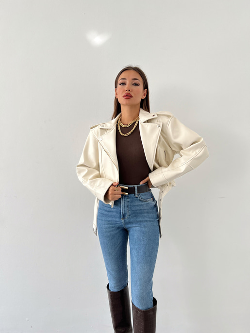 Fermuar Kapamalı Kemer Detaylı Pankrati Kadın Ekru Deri Ceket 23Y000618