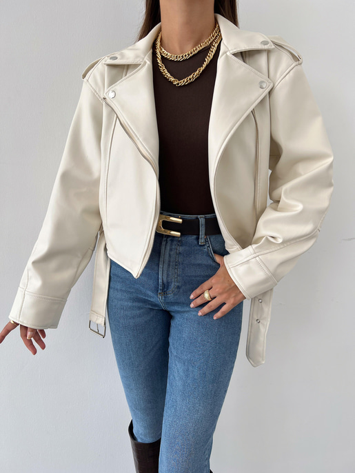 Fermuar Kapamalı Kemer Detaylı Pankrati Kadın Ekru Deri Ceket 23Y000618