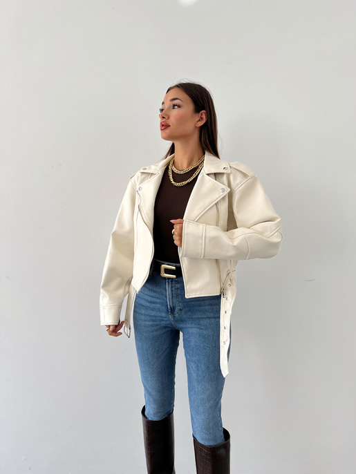 Fermuar Kapamalı Kemer Detaylı Pankrati Kadın Ekru Deri Ceket 23Y000618