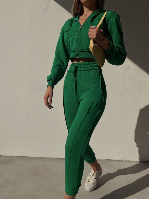 Fermuarlı Kısa Sweat Lastikli Alt Elaine Kadın Yeşil İkili Eşofman Takım 22K000260