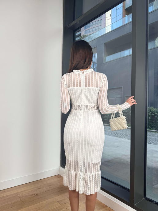 Fırfırlı Dik Yaka Dantel Uzun Kollu Birdie Kadın Beyaz Midi Elbise 23Y000095