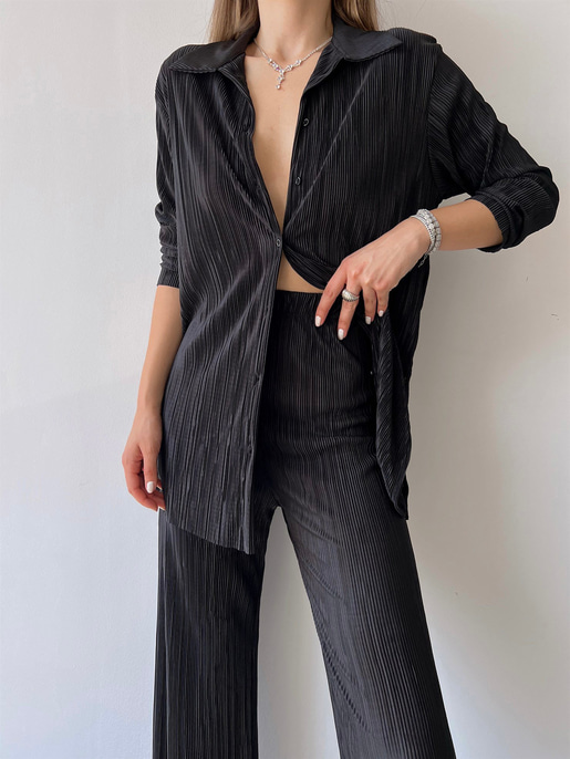 Fitilli Piliseli Kumaş Tatiana Kadın Siyah İkili Takım 22Y000295