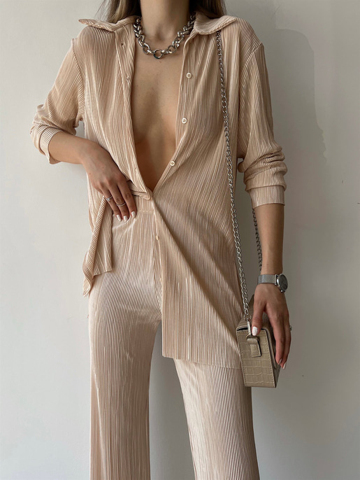 Fitilli Piliseli Kumaş Tatiana Kadın Taş Renk İkili Takım 22Y000295