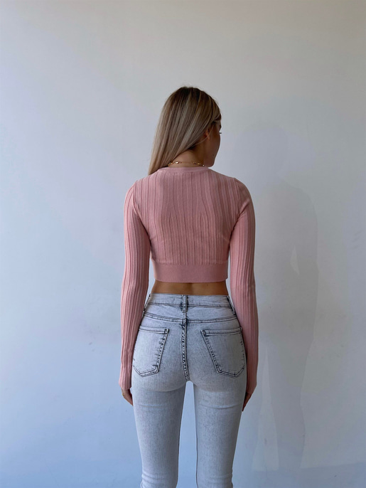 Fitilli Uzun Kol Baldric Kadın Gül Kurusu Triko Crop 23K000018