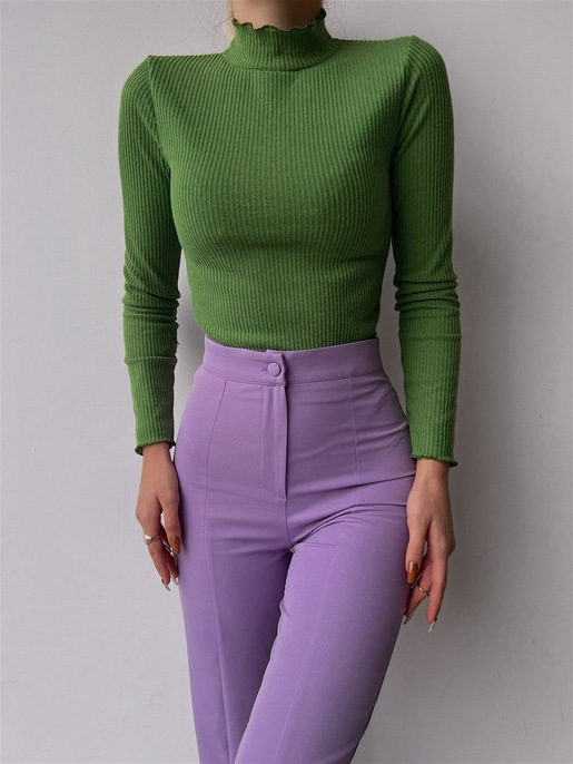 Fitilli Yarım Balıkçı Yaka Kadın Yeşil Triko Bluz 22K000459