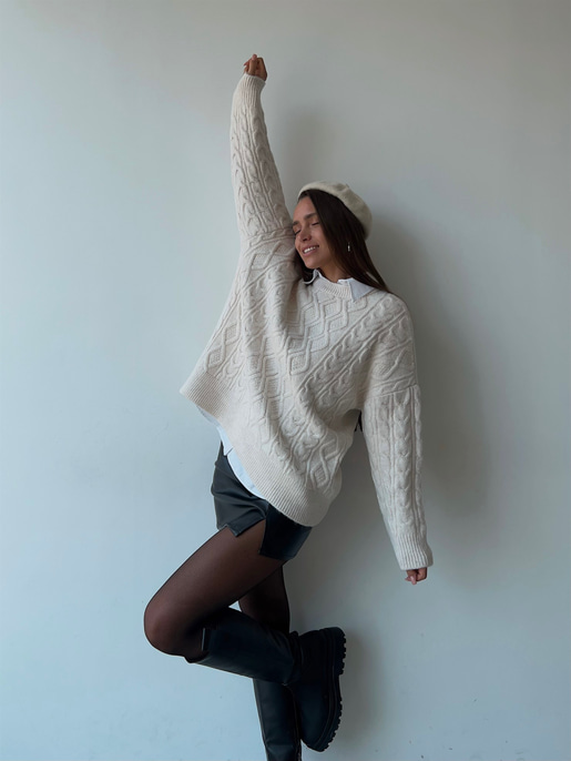 Geniş Kesim Axel Kadın Ekru Örme Triko Kazak 23K000070