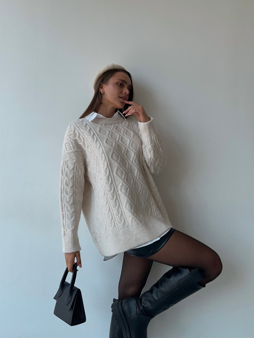Geniş Kesim Axel Kadın Ekru Örme Triko Kazak 23K000070