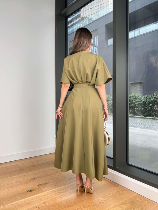 Geniş Kol Beli Kemerli Daril Kadın Haki Midi Elbise 24Y511