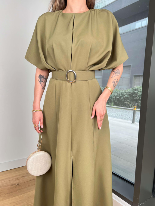 Geniş Kol Beli Kemerli Daril Kadın Haki Midi Elbise 24Y511