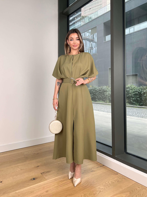 Geniş Kol Beli Kemerli Daril Kadın Haki Midi Elbise 24Y511