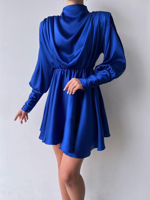 Geniş Manşet Dökümlü Yaka Lastik Bel Feliciano Kadın Saks Elbise 22K000070