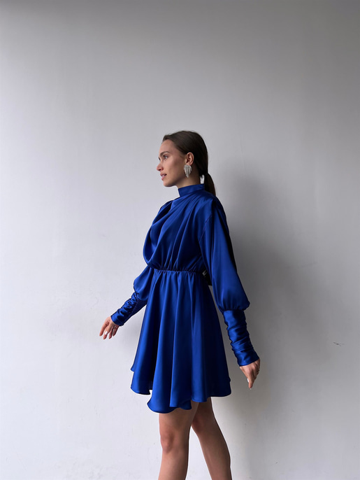 Geniş Manşet Dökümlü Yaka Lastik Bel Feliciano Kadın Saks Elbise 22K000070