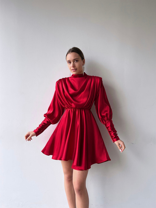 Geniş Manşet Dökümlü Yaka Lastik Bel Feliciano Kadın Kırmızı Elbise 22K000070