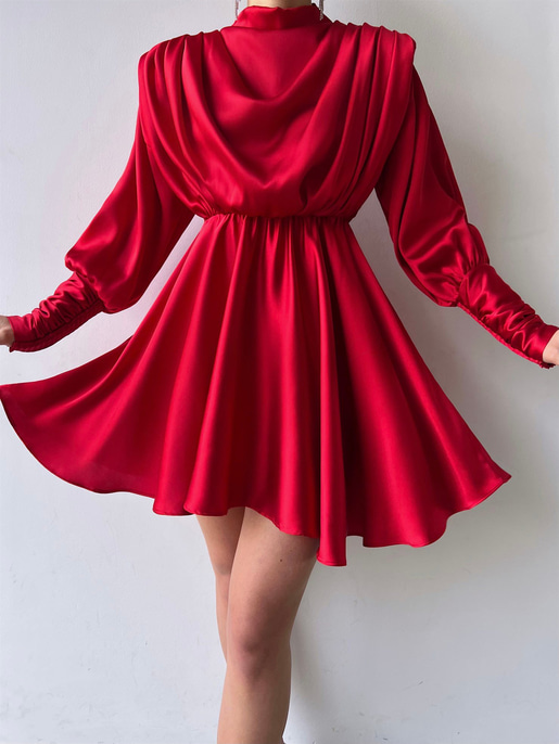 Geniş Manşet Dökümlü Yaka Lastik Bel Feliciano Kadın Kırmızı Elbise 22K000070