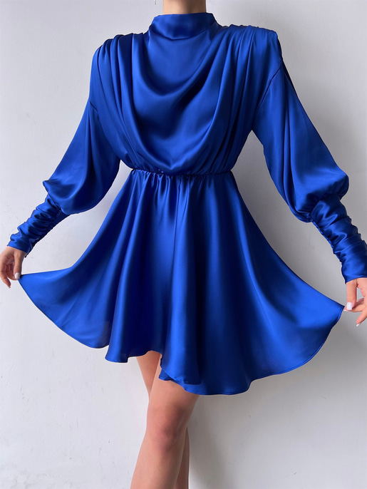 Geniş Manşet Dökümlü Yaka Lastik Bel Feliciano Kadın Saks Elbise 22K000070