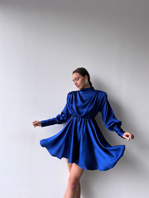 Geniş Manşet Dökümlü Yaka Lastik Bel Feliciano Kadın Saks Elbise 22K000070