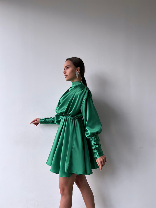 Geniş Manşet Dökümlü Yaka Lastik Bel Feliciano Kadın Yeşil Elbise 22K000070